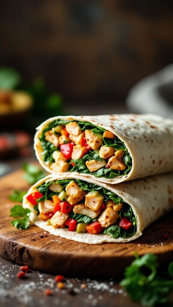 A delicious Mediterranean chicken and spinach wrap filled with colorful vegetables.