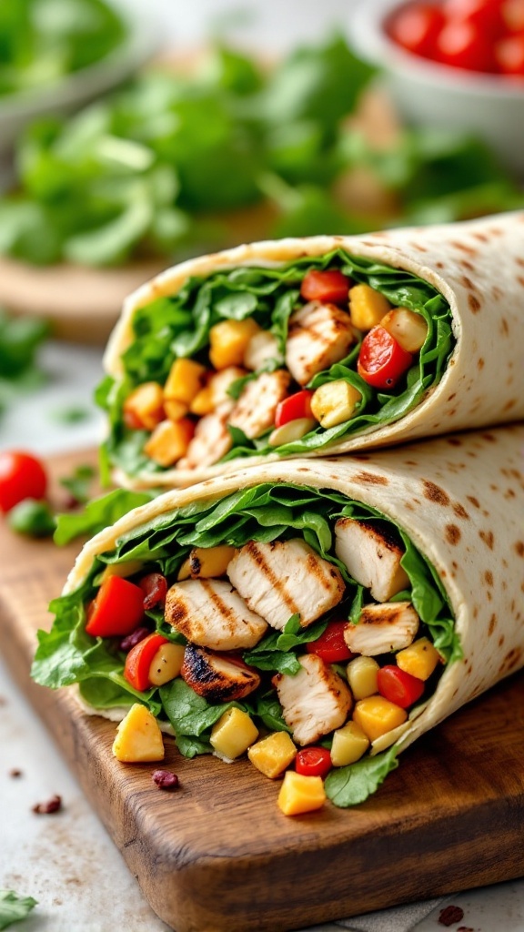 Mediterranean Chicken and Spinach Wraps on a wooden board