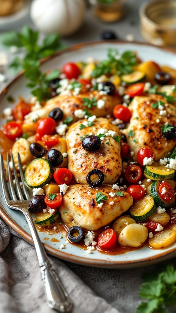 A hearty Mediterranean chicken and zucchini bake with colorful vegetables and feta cheese.