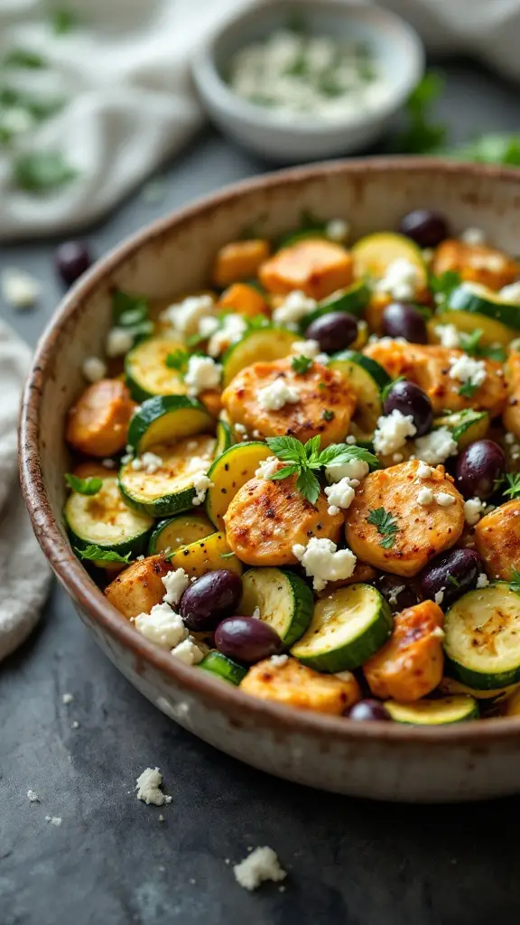 A colorful Mediterranean chicken and zucchini stir-fry with olives and feta cheese.