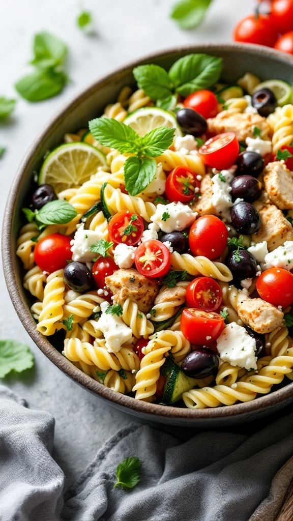 A colorful Mediterranean Chicken and Zucchini Pasta Salad with various vegetables and feta cheese.