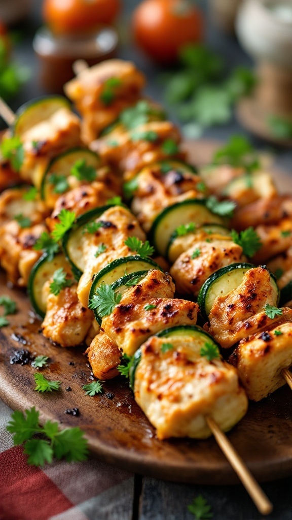 Mediterranean Chicken and Zucchini Skewers on a wooden platter