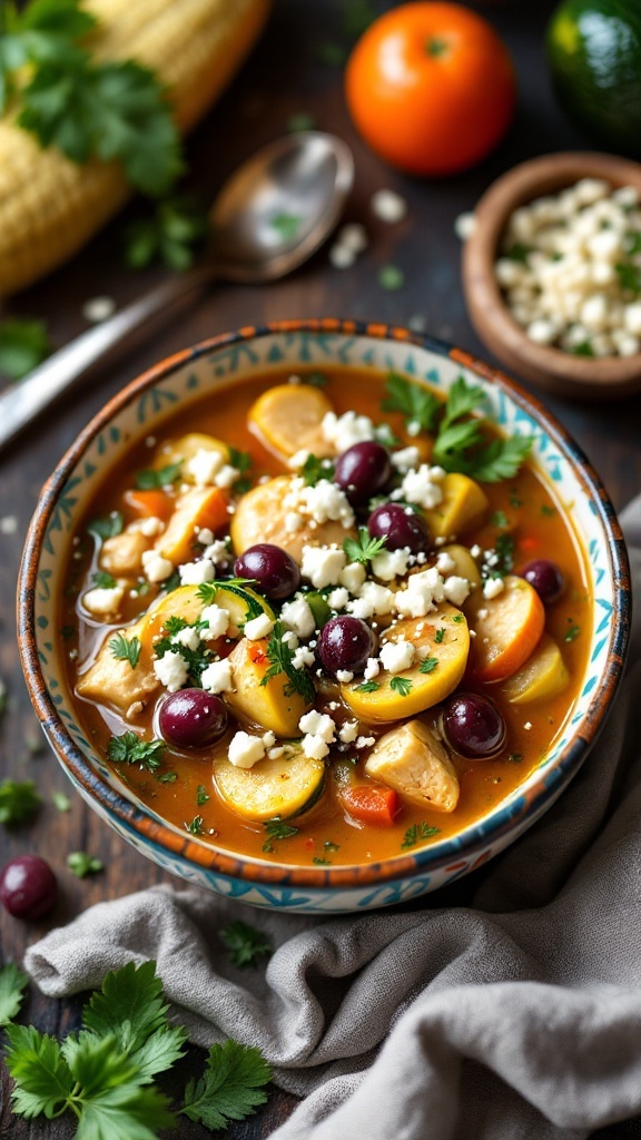 Bowl of Mediterranean Chicken and Zucchini Soup with vegetables