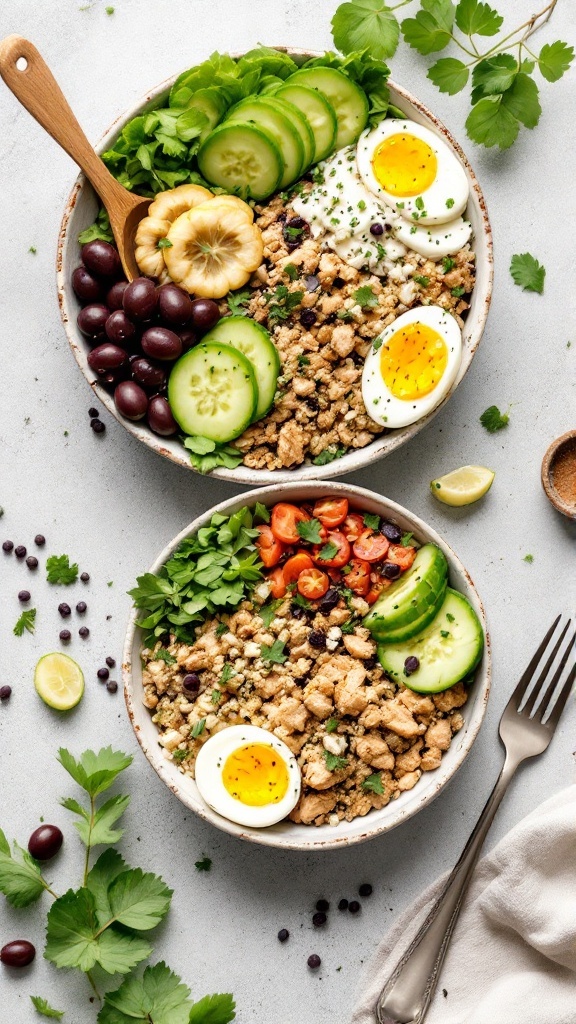 Mediterranean Chicken Bowls with ground chicken, fresh vegetables, and hard-boiled eggs.