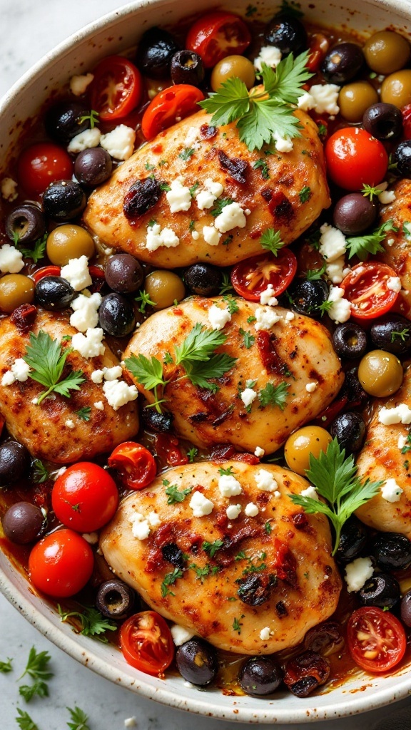 Mediterranean Chicken Casserole with chicken, olives, tomatoes, and feta cheese