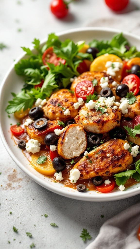 A colorful plate of Mediterranean Chicken Fajita Bake with vegetables and feta cheese.