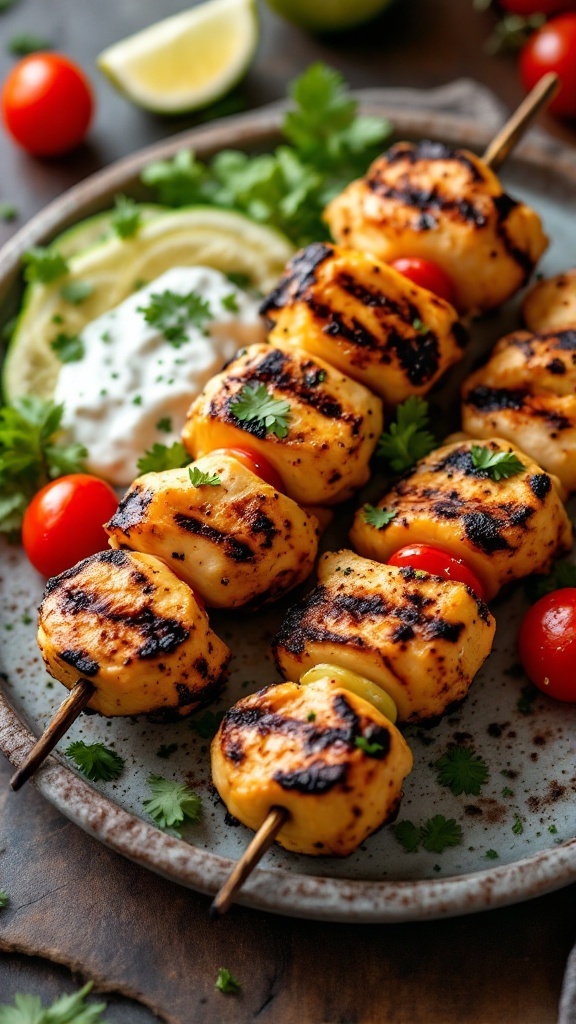 Grilled chicken kabobs served with tzatziki sauce and fresh vegetables