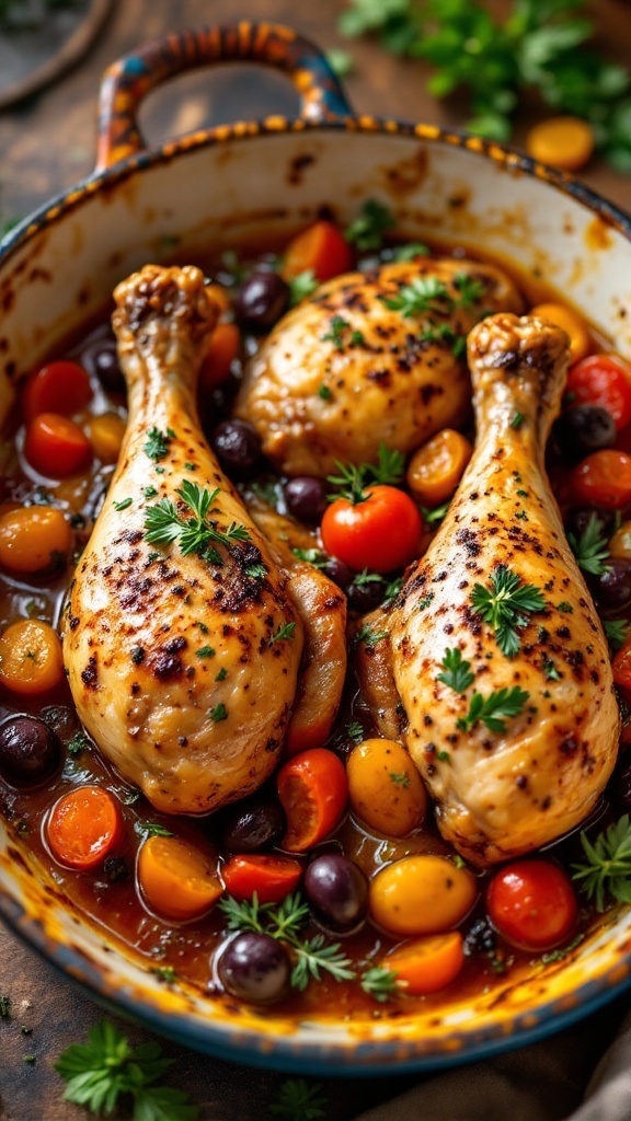 A vibrant dish of Mediterranean chicken legs with olives and tomatoes.