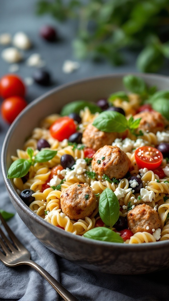 A vibrant Mediterranean chicken meatball pasta salad filled with colorful ingredients and garnished with fresh basil.