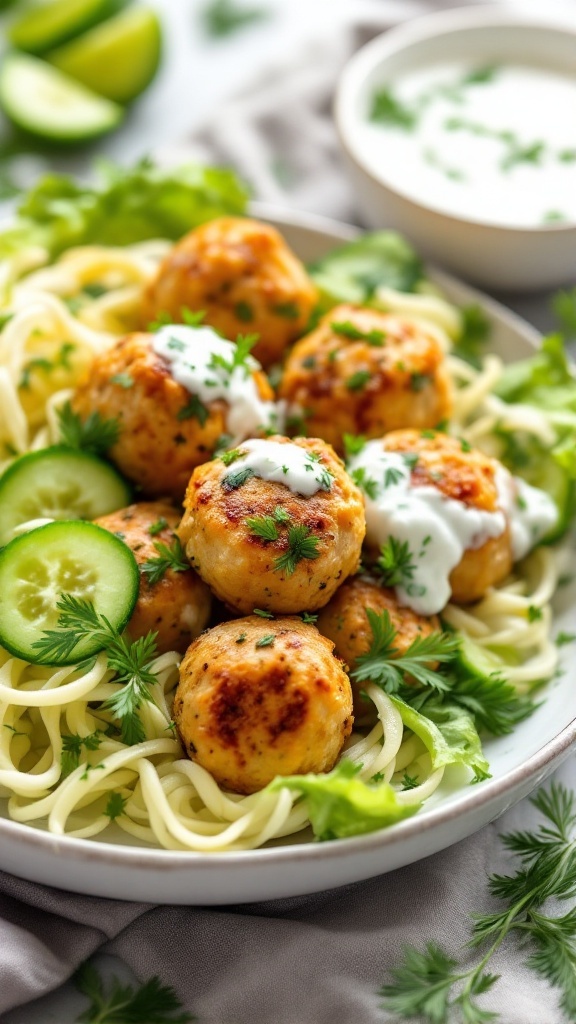 Plate of Mediterranean chicken meatballs with tzatziki sauce and garnished with herbs.