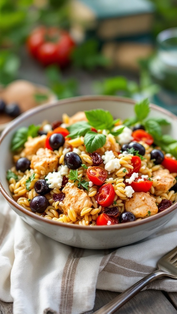 A bowl of Mediterranean Chicken Orzo with vegetables and herbs.