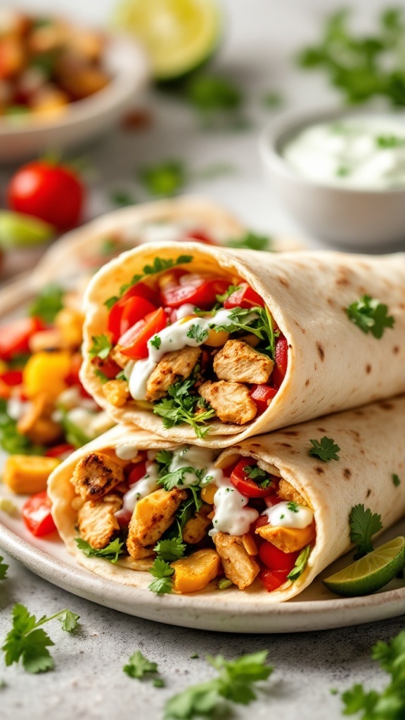 Mediterranean Chicken Pita Wraps with fresh vegetables and sauce