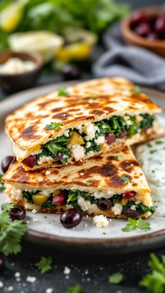 Mediterranean Chicken Quesadilla on a plate with a side of dipping sauce.