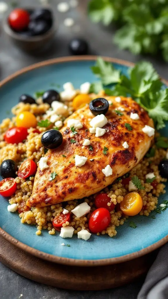 A colorful Mediterranean Chicken Quinoa Bake with chicken, quinoa, cherry tomatoes, olives, and feta cheese.