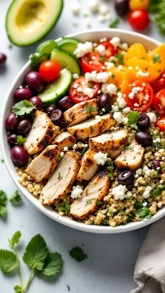 Mediterranean Chicken Quinoa Bowl with grilled chicken, quinoa, and fresh vegetables.