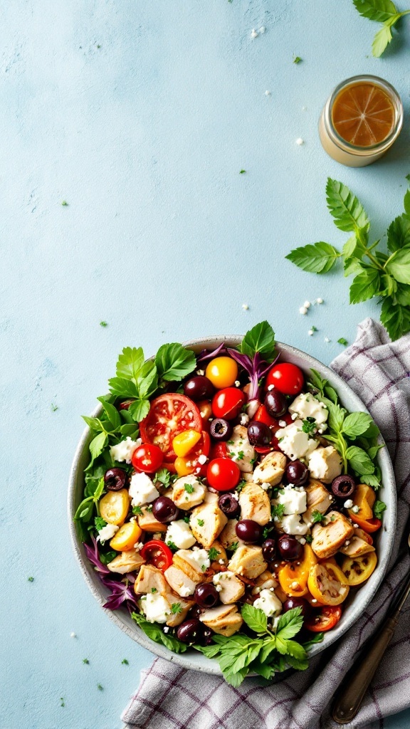 A vibrant Mediterranean chicken salad with colorful vegetables and feta cheese.