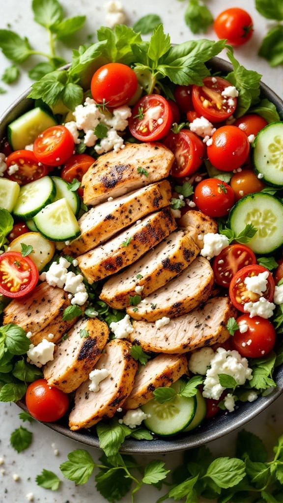 A vibrant Mediterranean chicken salad with grilled chicken, cherry tomatoes, cucumber, feta cheese, and fresh greens.