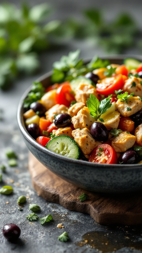 A colorful bowl of Mediterranean chicken salad with diced chicken, vegetables, and olives.