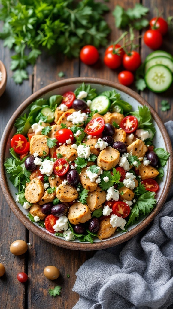 A colorful Mediterranean chicken salad featuring diced chicken, cherry tomatoes, cucumber, olives, and feta cheese.