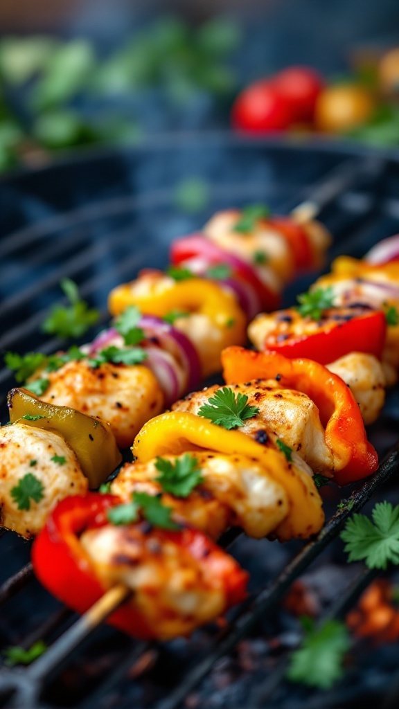 Grilled chicken skewers with colorful peppers and herbs