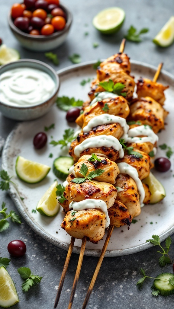 Mediterranean chicken skewers with tzatziki sauce and garnished with lime and parsley.