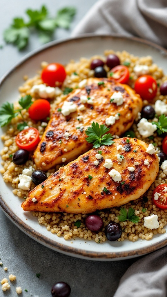 Grilled Chicken Tenderloins served with Quinoa, cherry tomatoes, olives, and feta cheese.