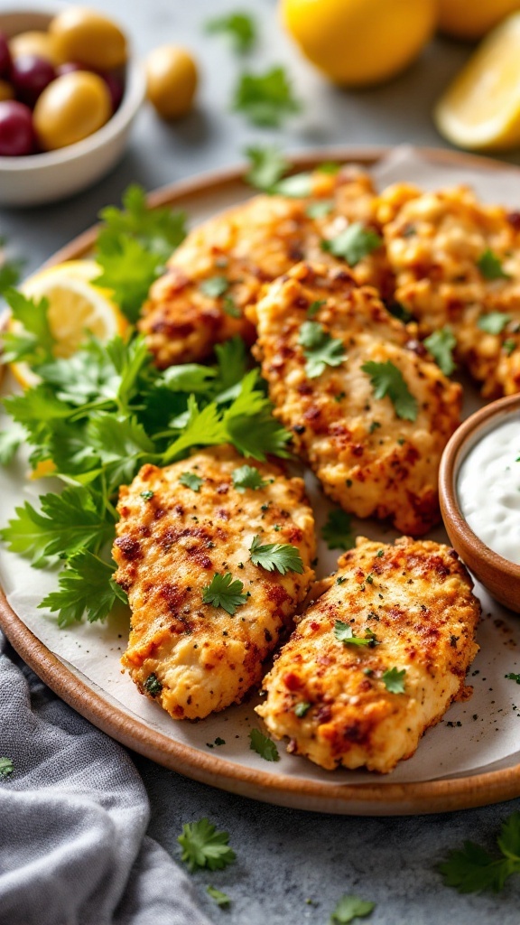 Plate of Mediterranean chicken tenders garnished with herbs and served with a dipping sauce.