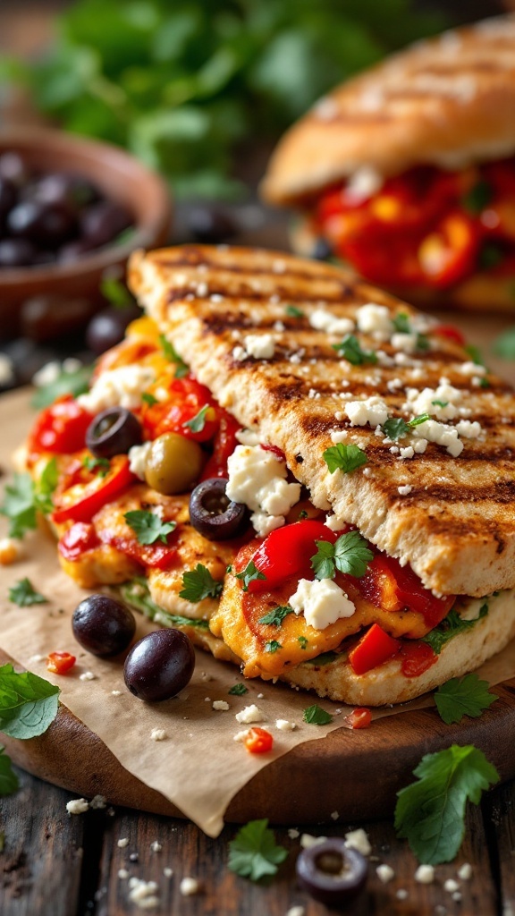 Mediterranean Chicken Panini with feta cheese and vegetables