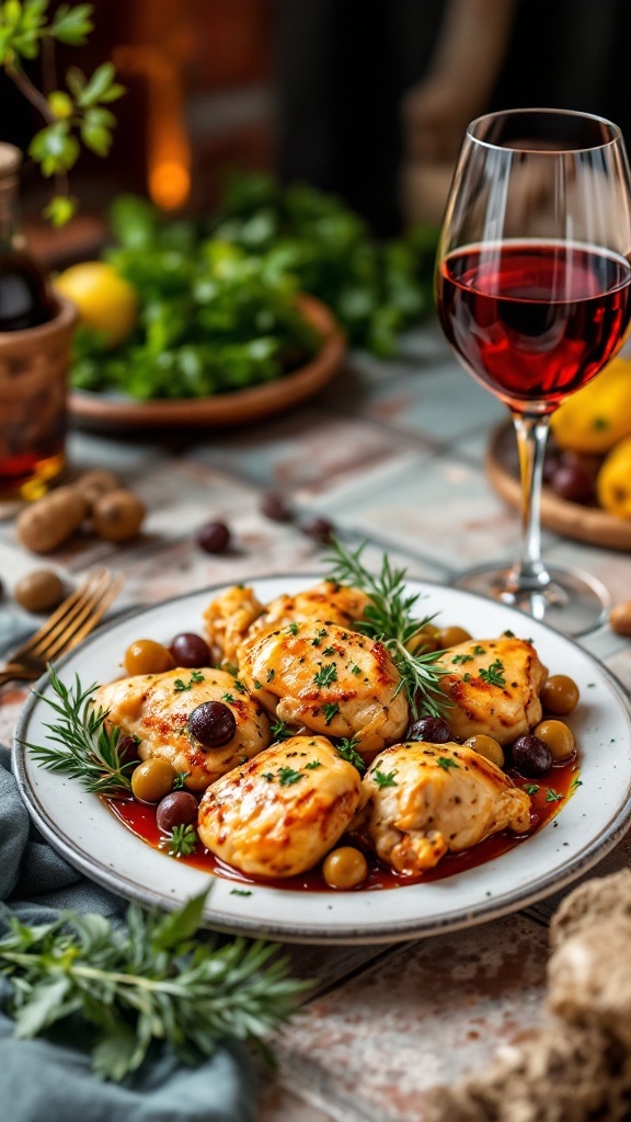 A plate of Mediterranean chicken with olives, garnished with herbs.