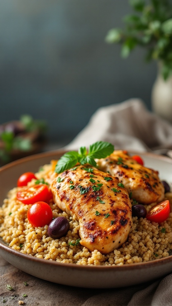 A plate of Mediterranean chicken served with quinoa, cherry tomatoes, and olives.