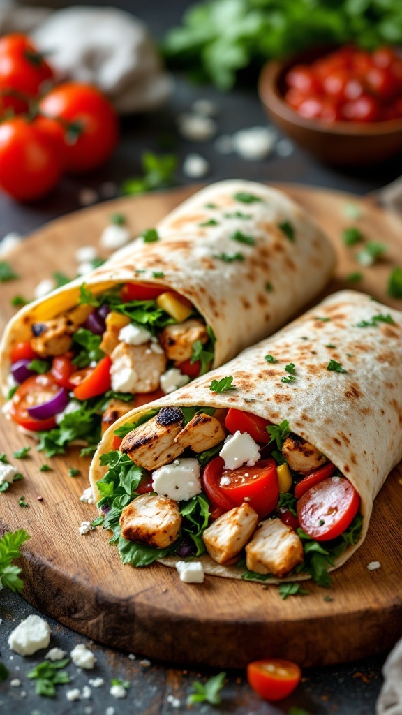 Mediterranean Chicken Wraps with fresh vegetables and feta cheese