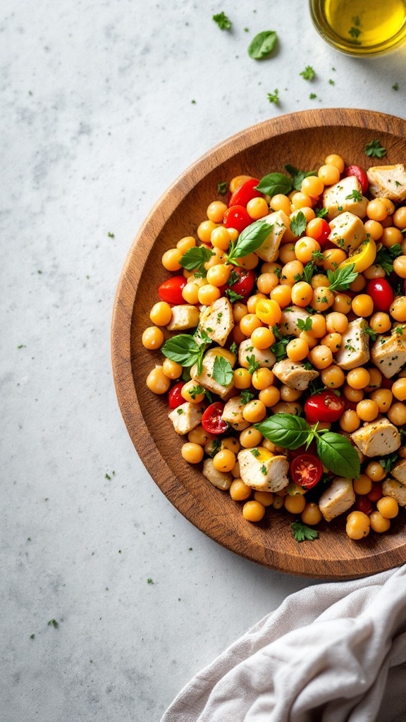 A vibrant Mediterranean Chickpea and Chicken Salad with colorful vegetables and herbs.