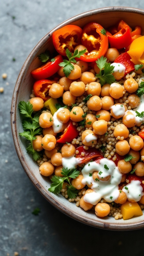 A Mediterranean Chickpea and Quinoa Bowl filled with vibrant vegetables, chickpeas, and drizzled with tahini.