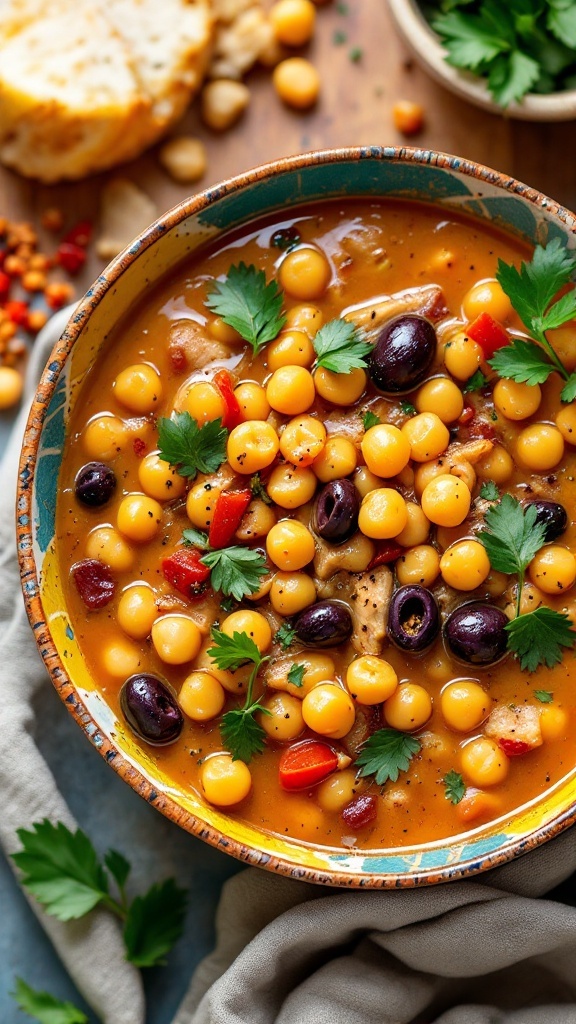 A bowl of Mediterranean Chickpea Chicken Soup with vibrant ingredients.