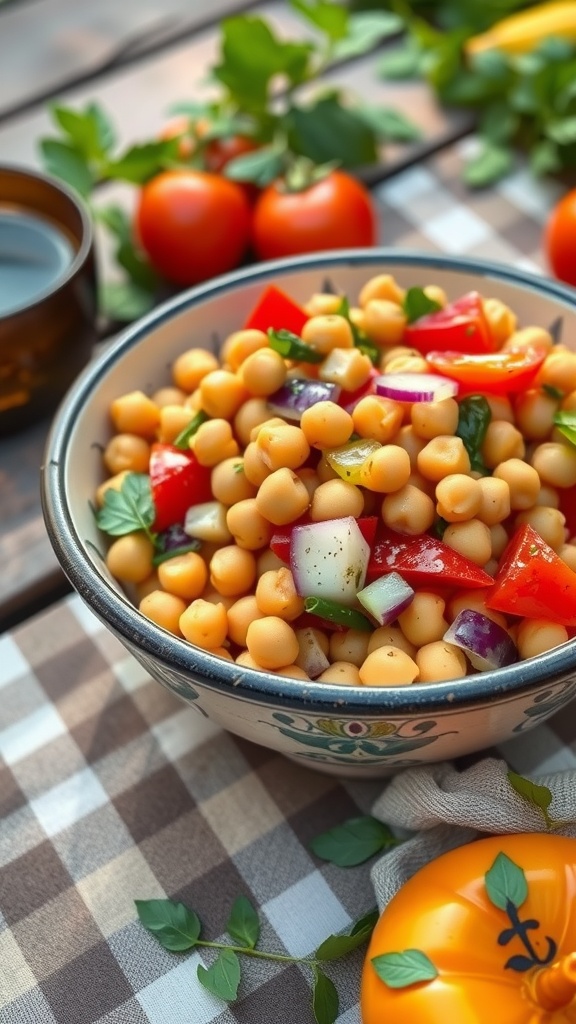 A vibrant Mediterranean chickpea salad in a bowl with chopped vegetables and chickpeas, set against a rustic background.