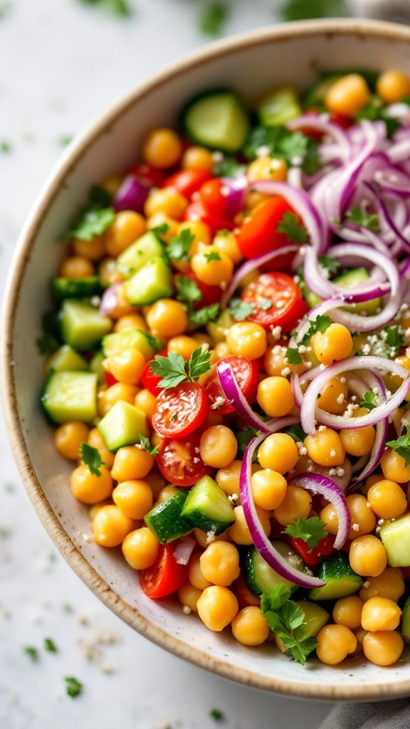 A vibrant Mediterranean Chickpea Salad Bowl filled with chickpeas, cucumbers, cherry tomatoes, red onions, and parsley.