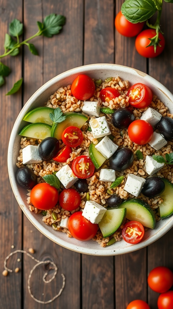 A Mediterranean grain bowl with cherry tomatoes, cucumber, olives, and feta cheese on a wooden table.