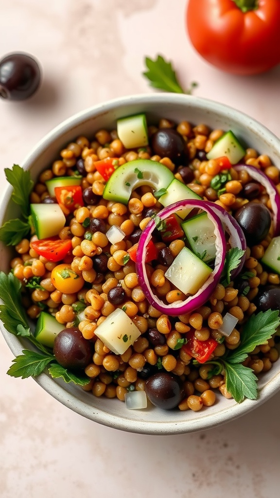 A bowl of Mediterranean lentil salad with cucumbers, tomatoes, olives, and herbs.