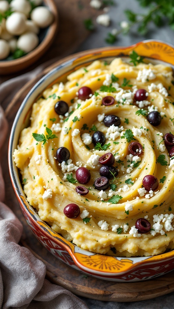 Creamy Mediterranean mashed potatoes topped with feta and olives.