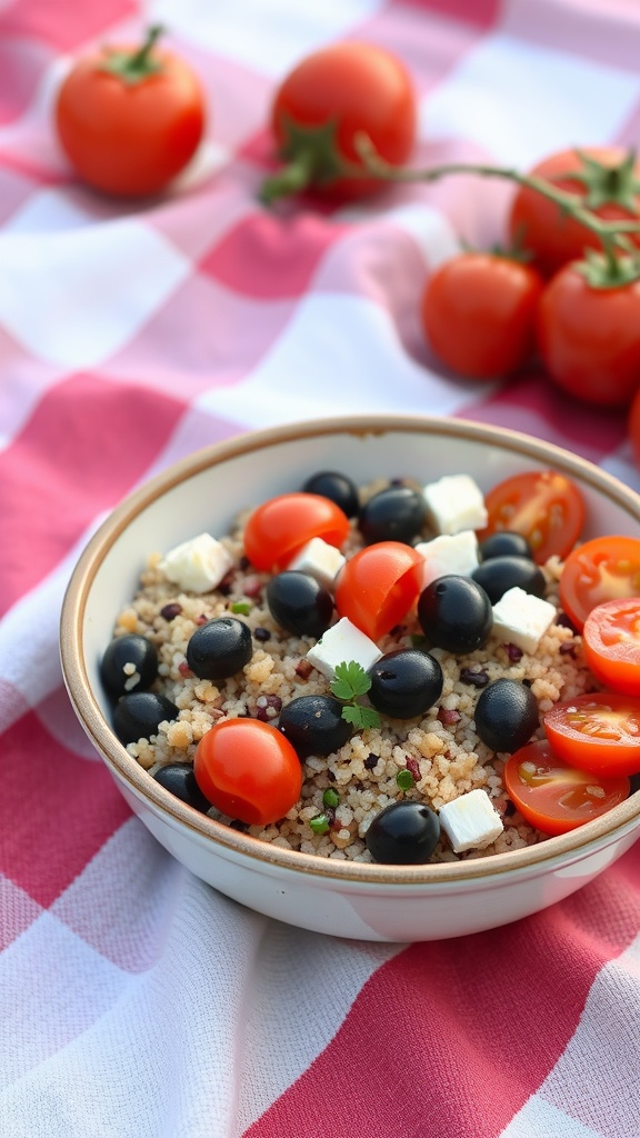 A Mediterranean quinoa bowl with cherry tomatoes, black olives, and feta cheese on a checkered cloth.