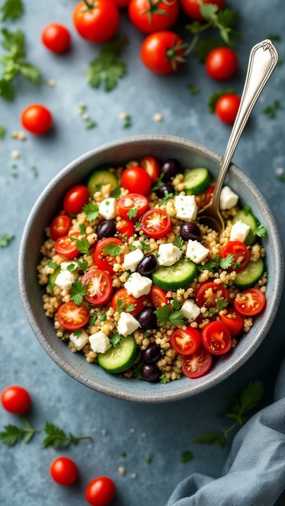 A Mediterranean quinoa bowl with colorful vegetables and feta cheese.