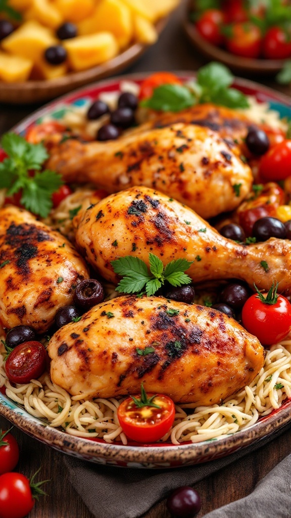 Delicious Mediterranean spiced chicken drumsticks served on a plate with cherry tomatoes and olives.