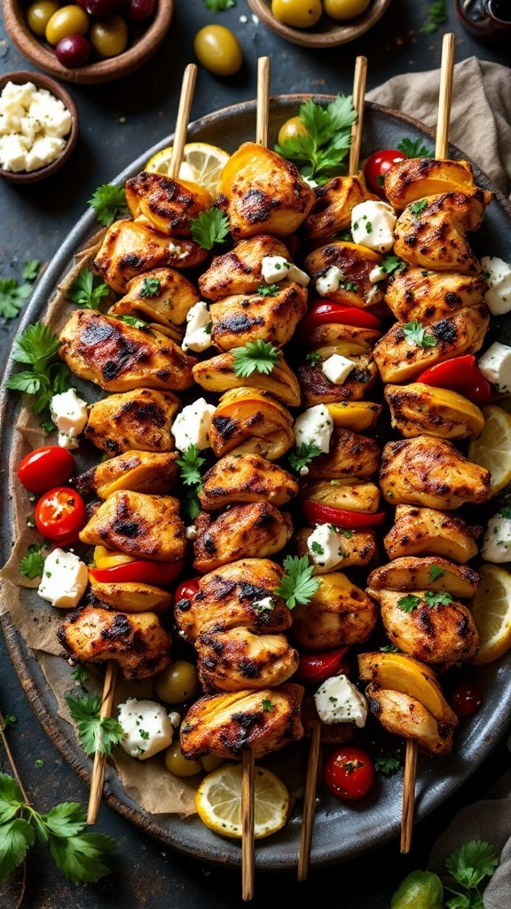 Mediterranean spiced chicken kebabs with colorful vegetables and feta cheese