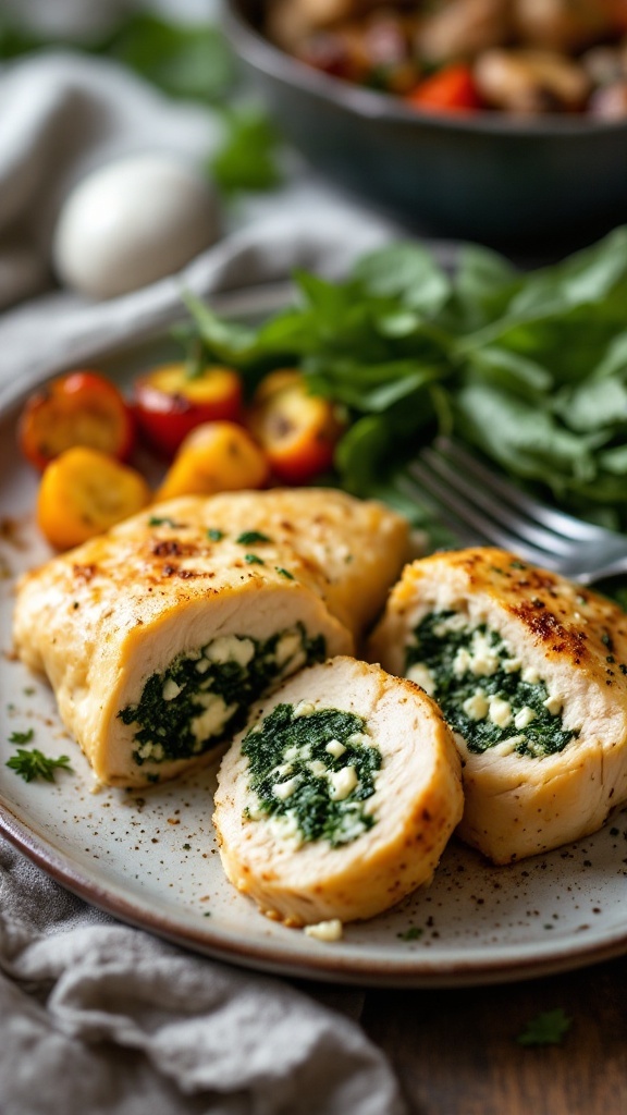 Mediterranean stuffed chicken breasts with spinach and feta.