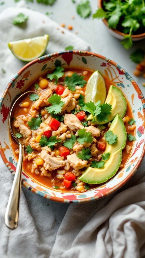 A bowl of Mexican chicken and rice soup garnished with lime and cilantro.