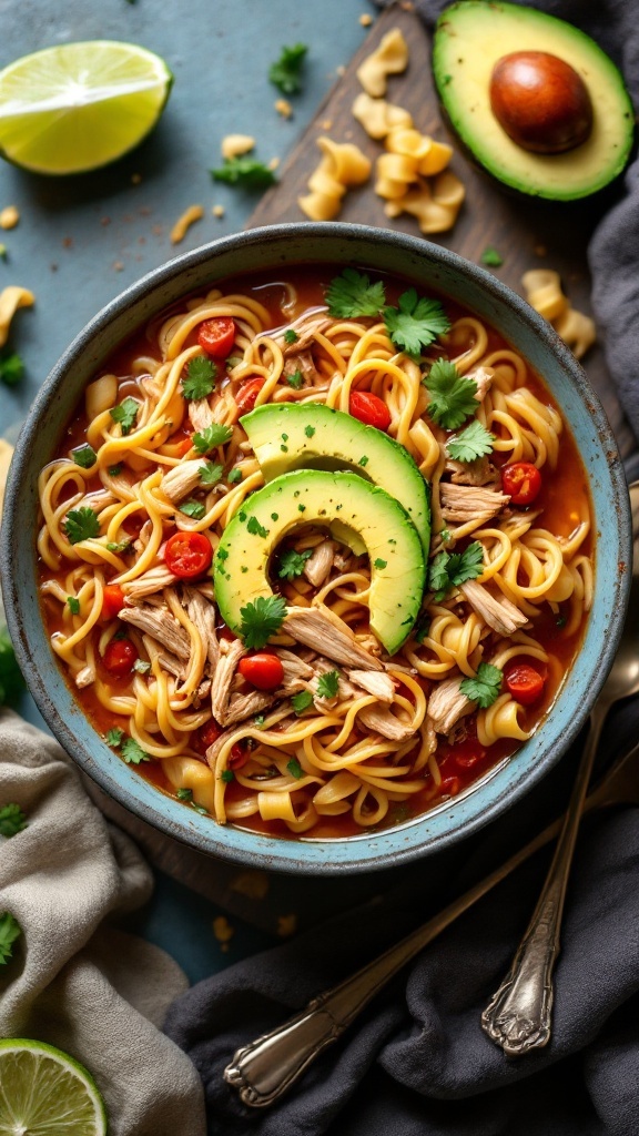 A bowl of Mexican Chicken Noodle Soup with chicken, egg noodles, and avocado.