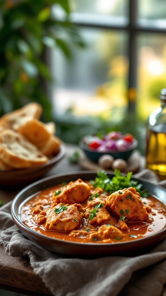 A delicious bowl of mild chicken tikka masala with naan and fresh vegetables on the side.