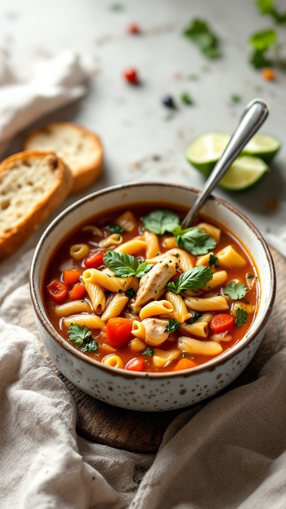 A bowl of Minestrone Chicken Soup served with pasta and garnished with parsley.