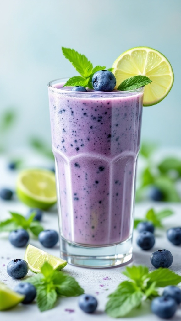 A refreshing minty blueberry lime smoothie in a tall glass, garnished with mint and lime.