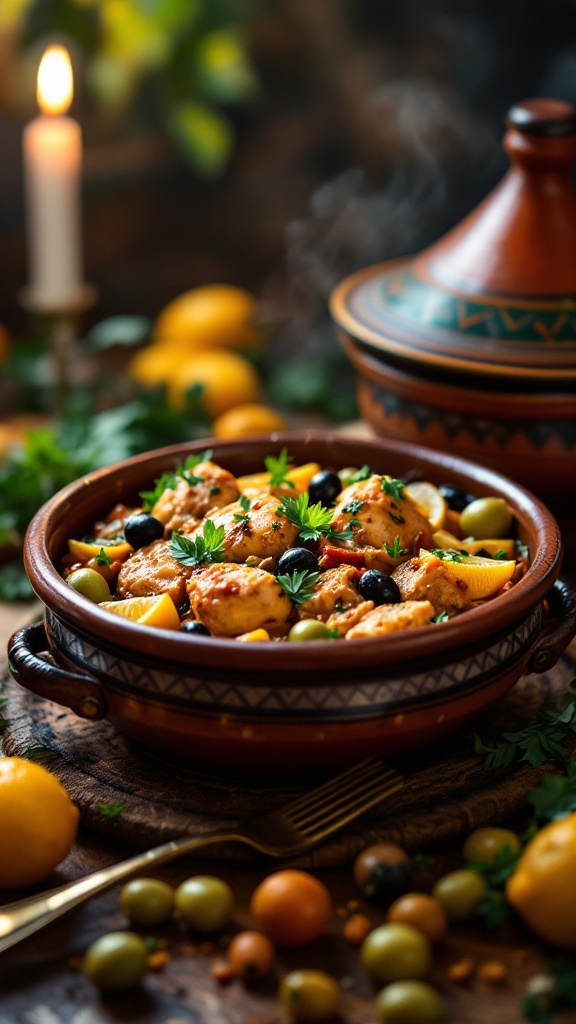 A traditional Moroccan chicken tagine with olives and apricots served in a decorative tagine pot.